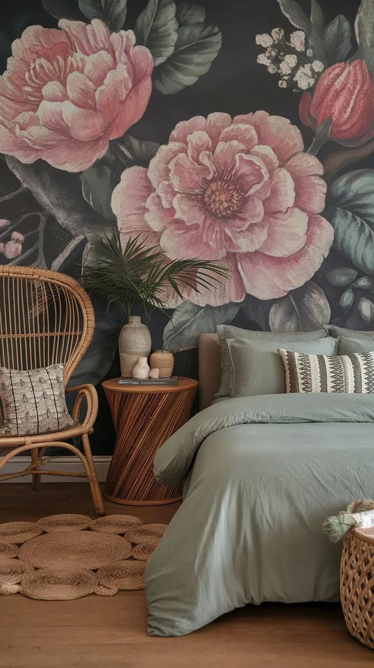 This moody boho bedroom showcases sage green bedding and decor, creating a cozy atmosphere enhanced by floral wallpaper and stylish accents.