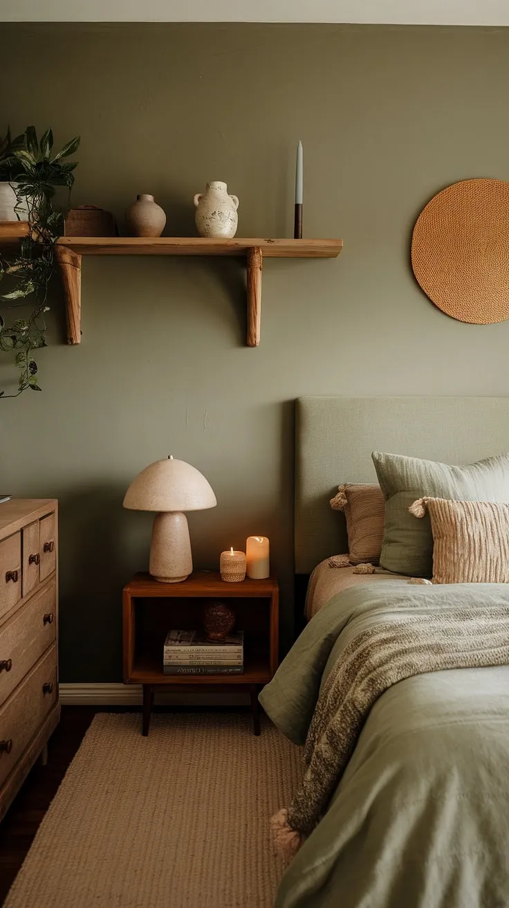 With its sage green accents and warm lighting, this moody boho bedroom creates a perfect blend of comfort and style in green boho bedroom decor.