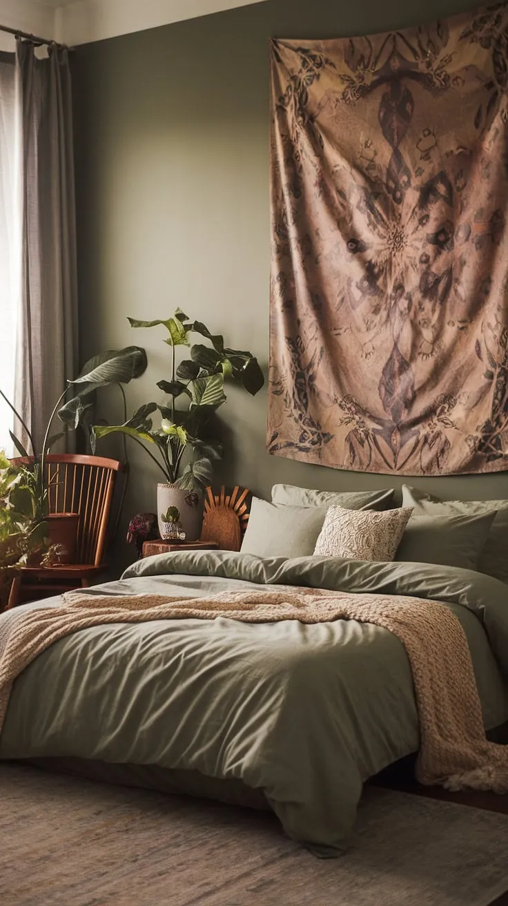 With its sage green decor, cozy elements, and moody aesthetics, this boho bedroom invites relaxation and style through its lush bedding and inviting atmosphere.