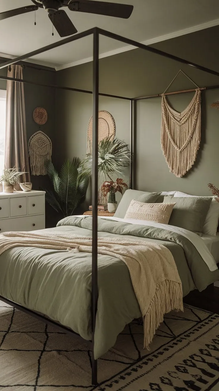 Featuring a canopy bed and rustic accents, this sage green boho bedroom exudes warmth and charm through its moody decor and inviting atmosphere.
