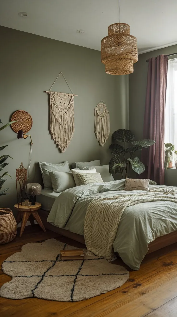 The green boho bedroom showcases sage green decor and cozy elements, blending moody aesthetics with bohemian charm for a stylish retreat.