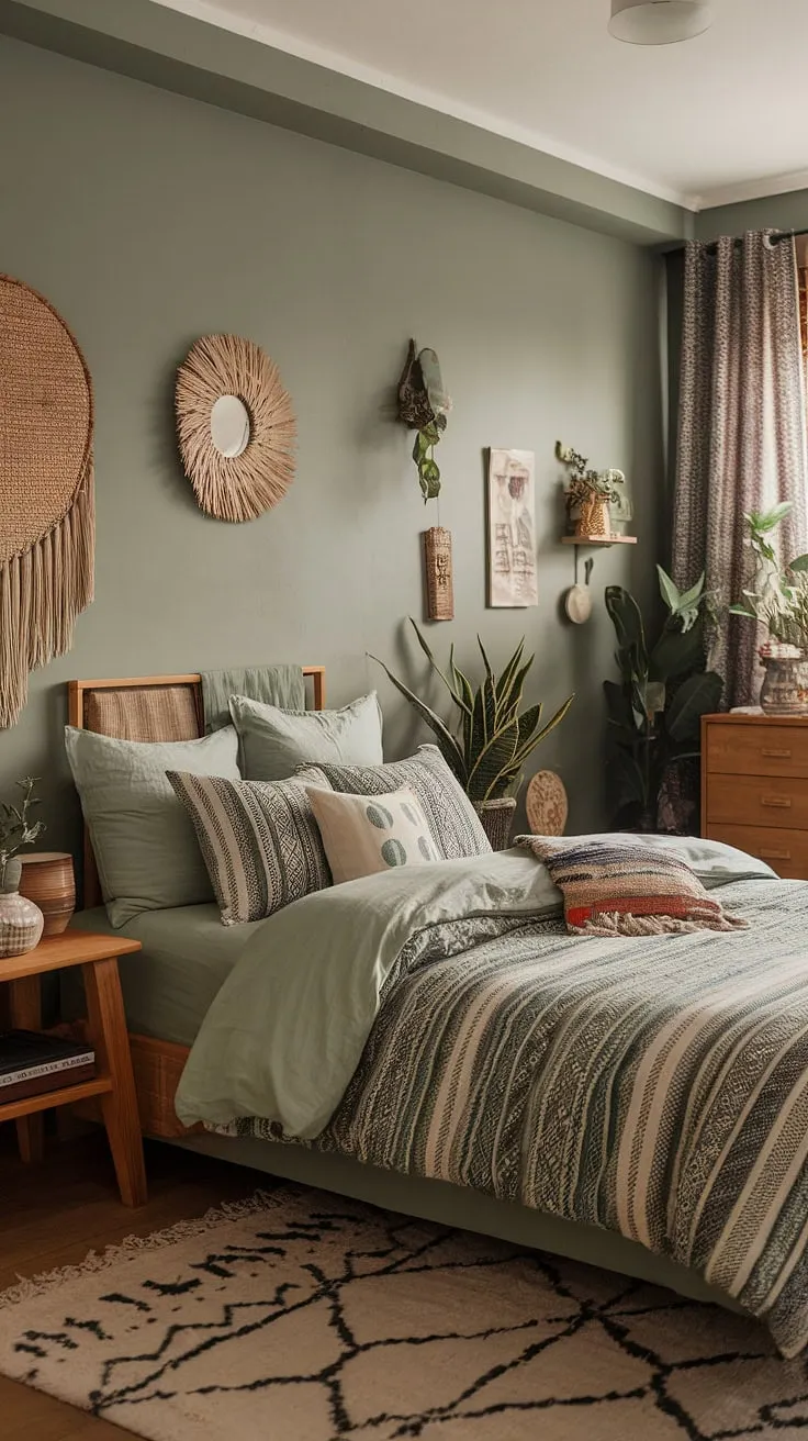 With its soft sage green walls and layered decor, this bohemian bedroom design showcases cozy bedroom ideas that highlight the beauty of moody bedroom decor.