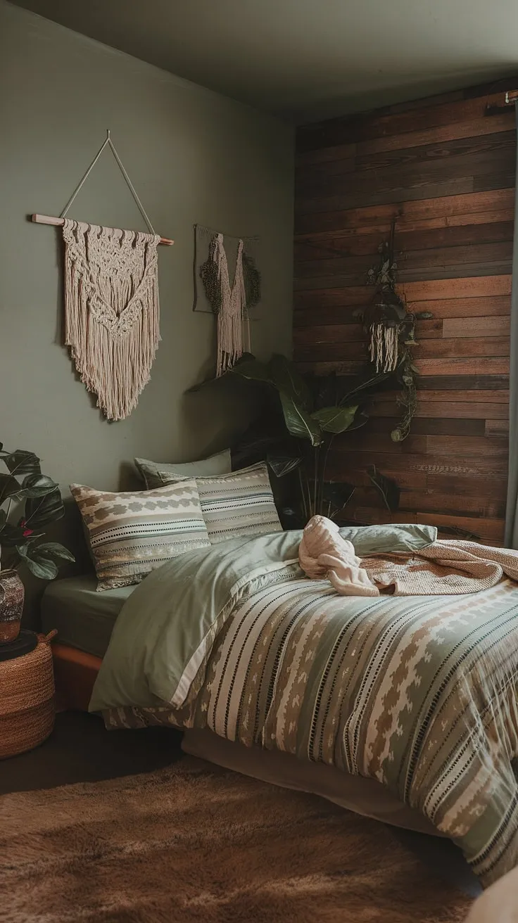 This moody boho bedroom features sage green walls and bedding, complemented by a wooden accent wall, macrame decor, and plants, creating a cozy atmosphere perfect for bohemian bedroom design.
