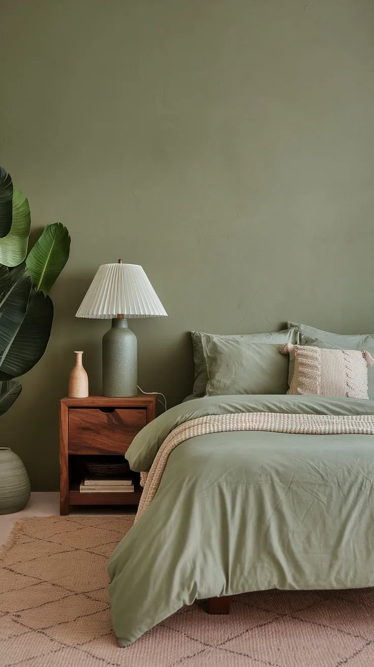 The cozy atmosphere of this moody boho bedroom, adorned with sage green walls and bedding, showcases beautiful bohemian design elements that enhance its inviting charm.