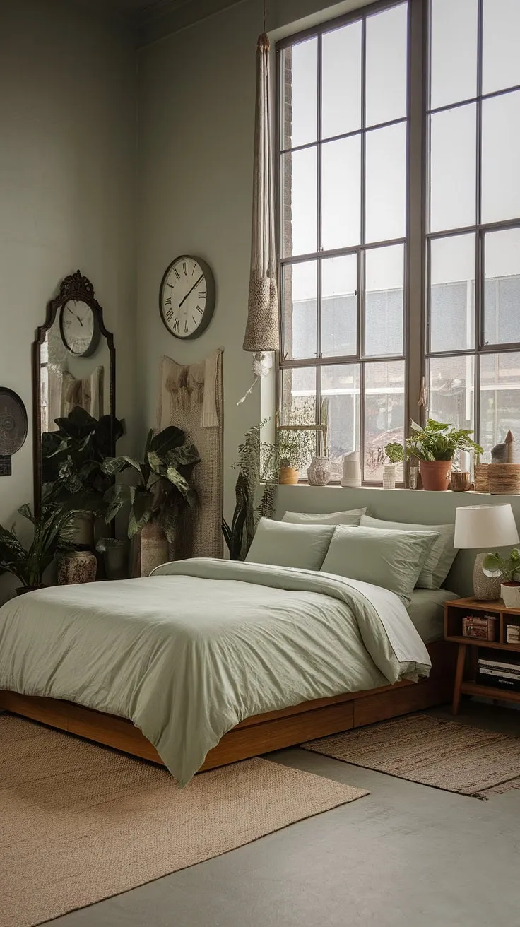 This moody boho bedroom features a sage green color scheme with cozy bedding, vintage decor, and lush plants, creating a perfect green boho aesthetic.