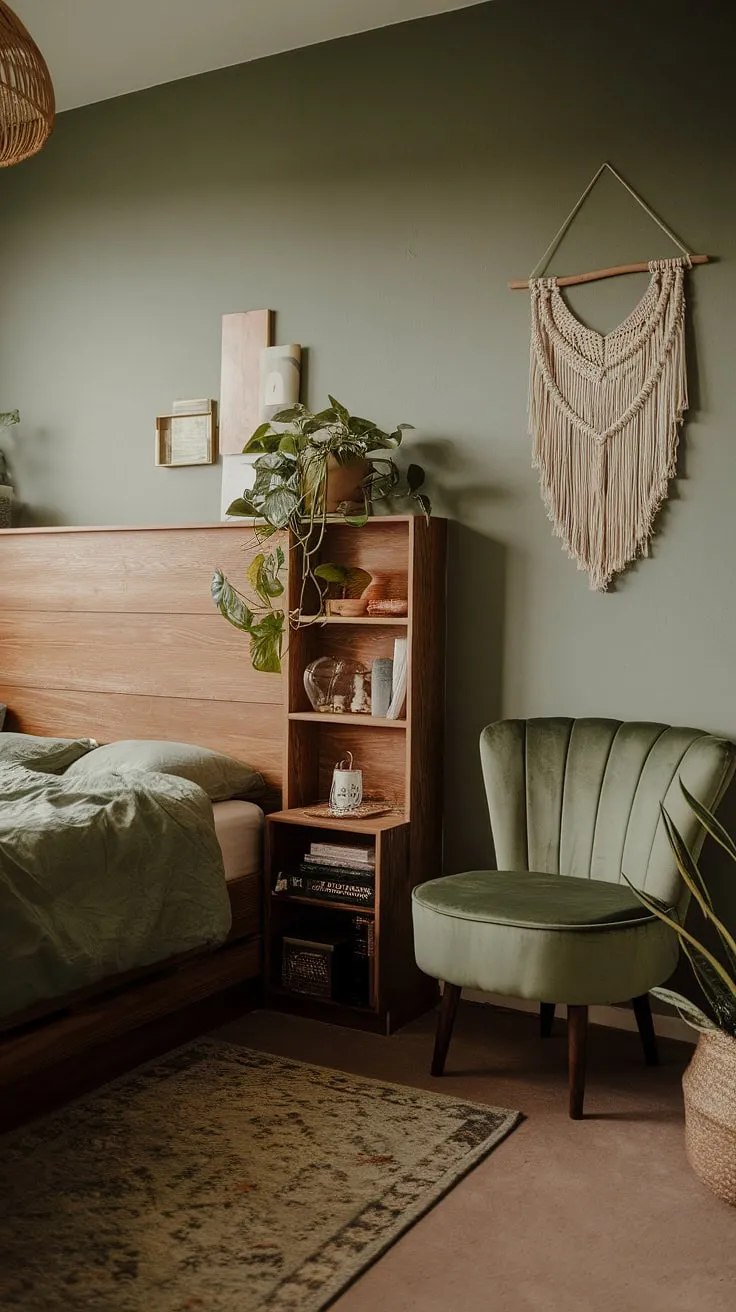 With its sage green bohemian bedroom design, featuring plush bedding and inviting decor, this cozy bedroom idea radiates a warm and moody ambiance.