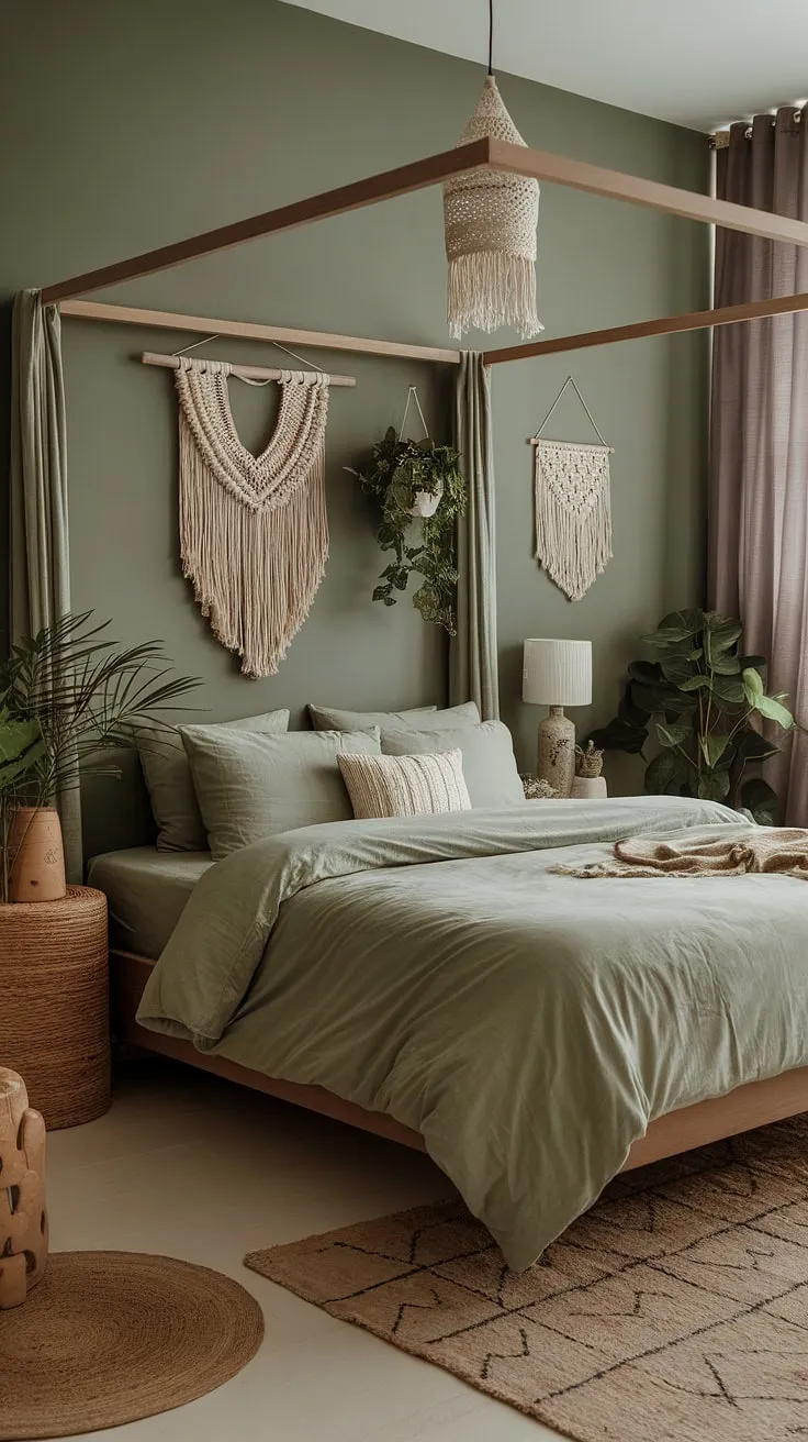 This moody boho bedroom showcases sage green walls and bedding, complemented by cozy decor and lush plants, creating a perfect green boho bedroom aesthetic.