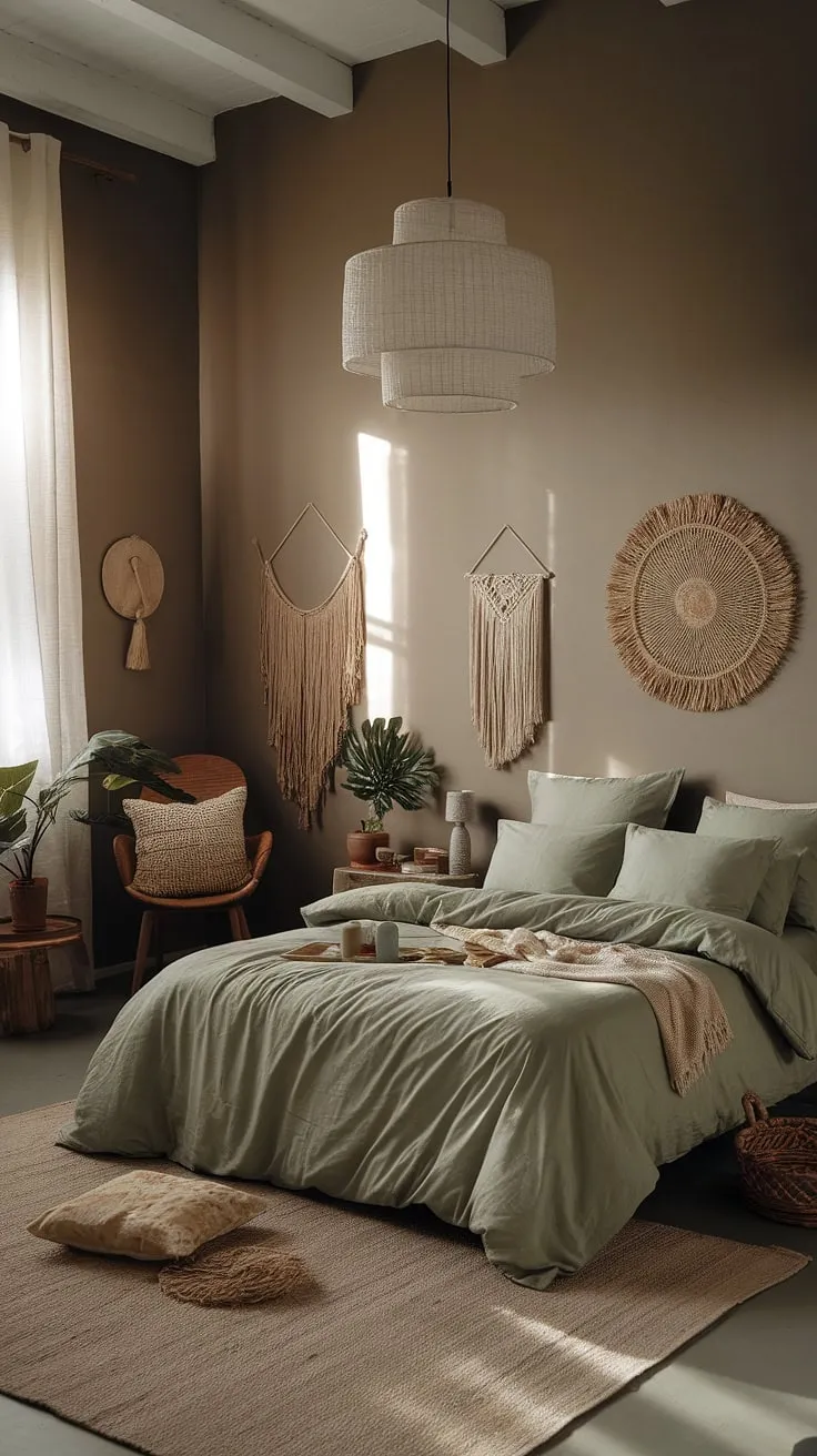 The green boho bedroom showcases sage green bedding and decor, exuding a cozy bohemian vibe with its high ceilings and thoughtfully curated decorative elements.