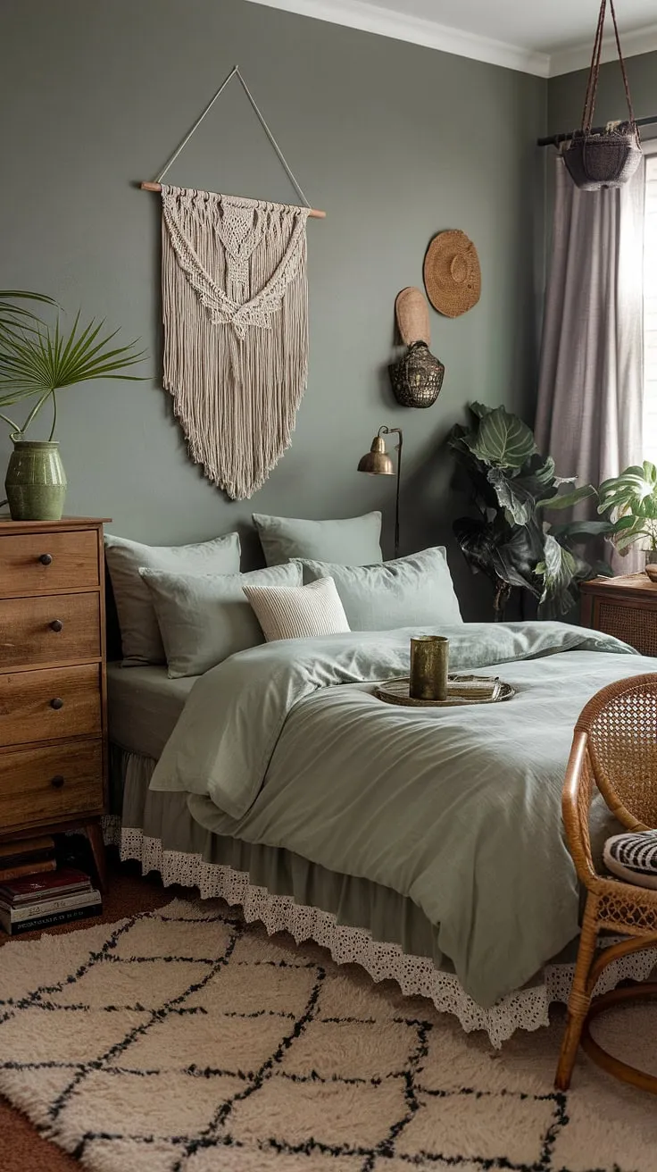 With its sage green bedding and decor, this moody boho bedroom combines cozy elements like a vintage lamp and wicker chair, embodying the essence of bohemian bedroom design.