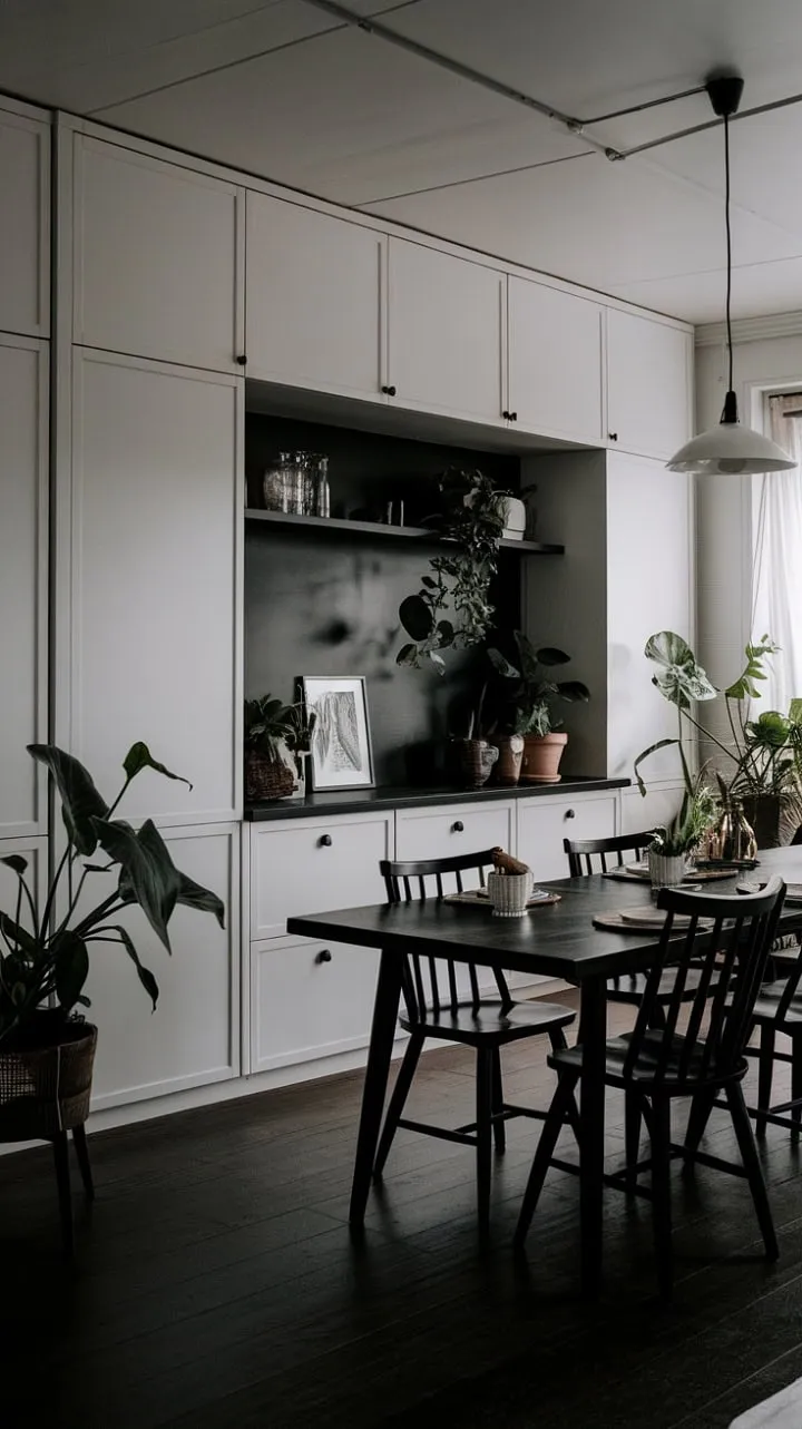 A serene Scandinavian dining space blends dark woods and crisp whites with minimalist design and lush greenery, setting the stage for intimate gatherings and meaningful conversations.