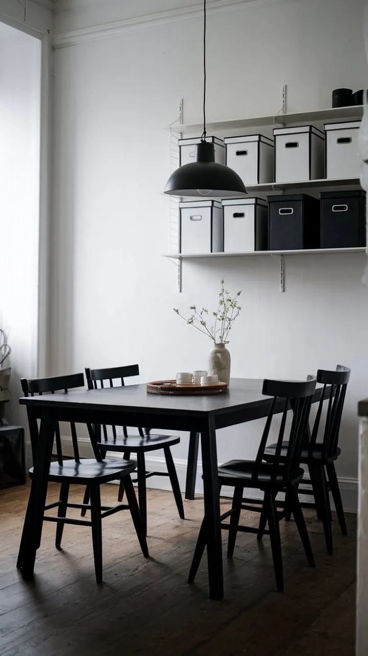 This Scandinavian dining room masterfully juxtaposes dark elements with bright surroundings, creating a striking harmony of light and shadow.