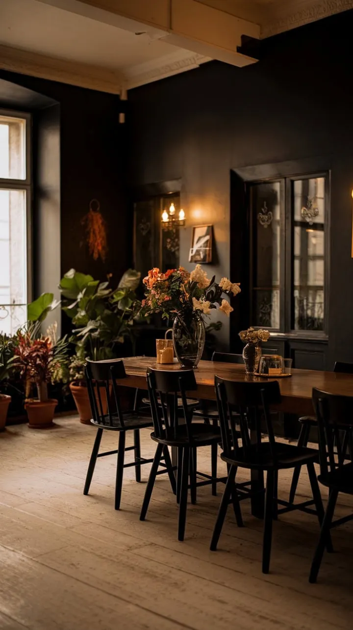 Experience sophisticated intimacy in a European dining room where dark hues, warm lighting, and a long wooden table invite unforgettable gatherings amidst rustic charm and modern elegance.