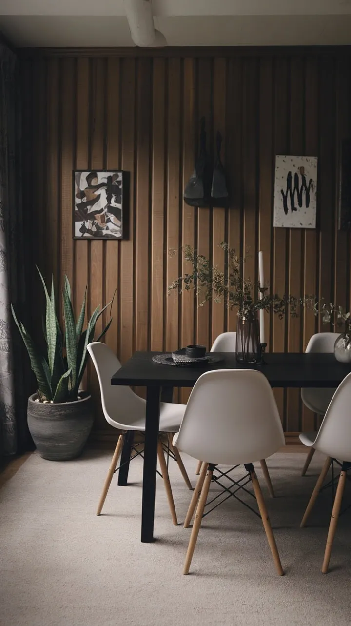 The captivating Scandinavian dining space features dramatic dark wood walls that beautifully contrast with a sleek black table, white chairs, and a solitary plant, exuding moody elegance.
