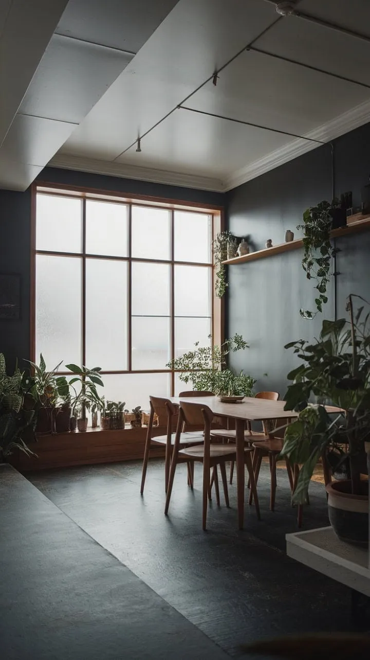 In this Scandinavian dining room, the harmonious dance of light and shadow accentuates the natural beauty of wooden furnishings against a backdrop of dark grey walls and a concrete floor.