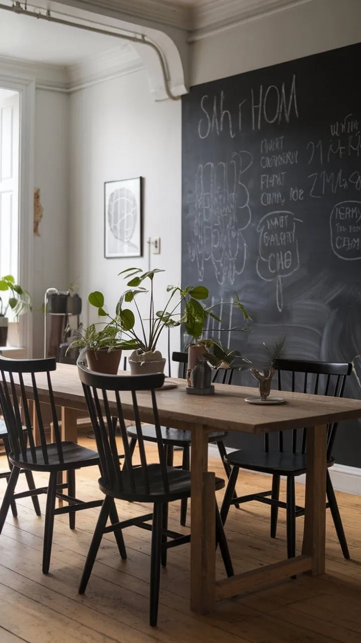 This Scandinavian dining room, with its long wooden table, chalkboard wall, and serene decor, offers a cozy yet stylish retreat for intimate gatherings and peaceful reflection.
