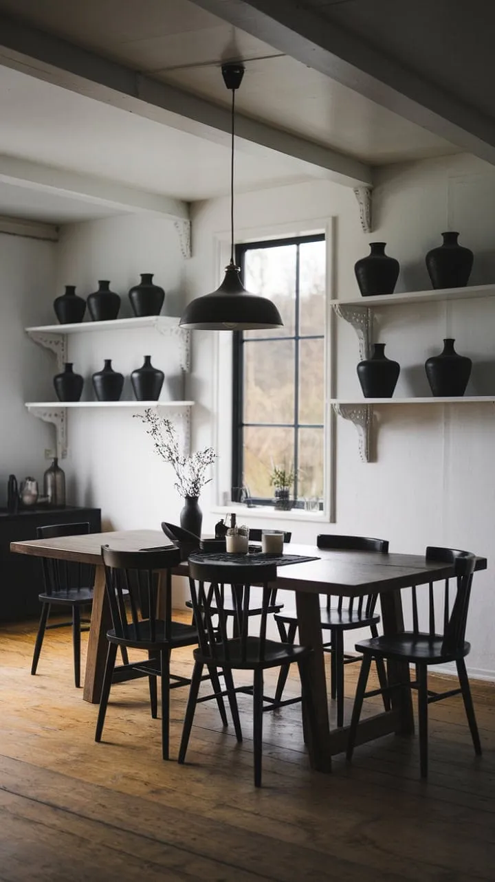 A sunlit Scandinavian dining room harmoniously fuses modern minimalism and rustic warmth, featuring a bold black and white palette illuminated by a striking pendant light.