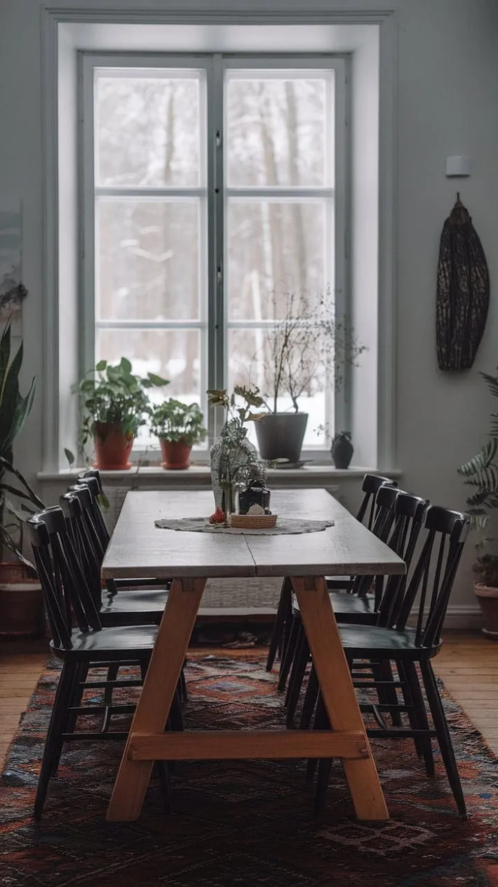This Scandinavian dining room enchants with its moody elegance, where a winter wonderland view enhances the allure of dark wood furnishings in a beautifully understated design.