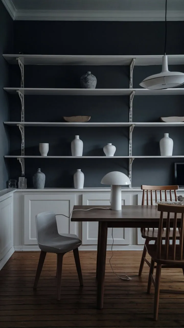 In a dimly lit Scandinavian dining room, dark grey walls and warm white accents create a serene sanctuary for intimate gatherings and reflective solitude.