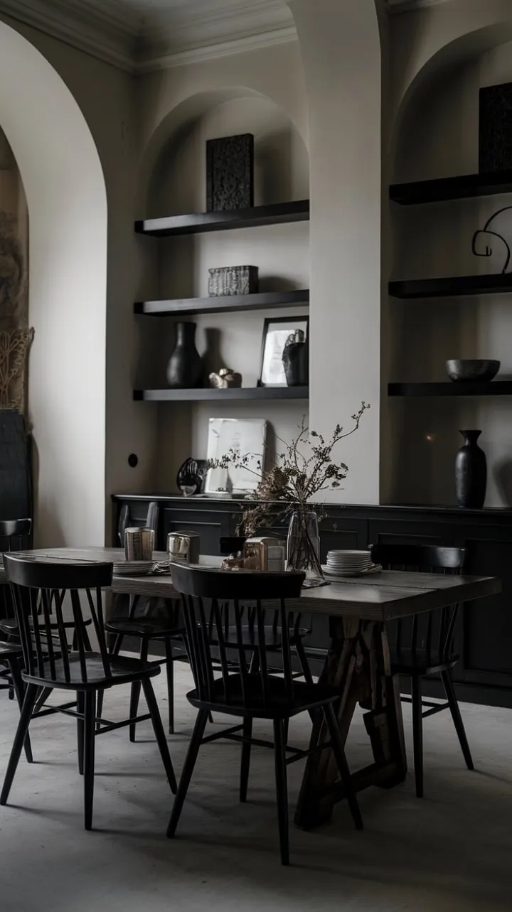 In this European-style dining room, a rich dark wood table and sleek black chairs contrast with stark white walls, crafting a sophisticated ambiance of dramatic light and shadow.