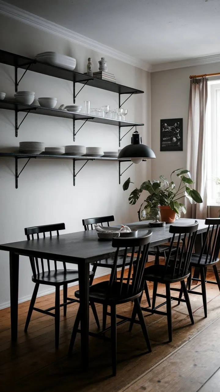 In this moody Scandinavian dining room, the captivating dance of light and shadow highlights the striking contrast of black accents against white walls, creating an atmosphere of understated luxury and tranquil sophistication.