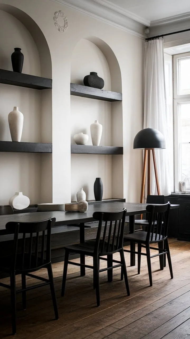 In a serene Scandinavian dining room, moody light dances on the elegant interplay of black and white, softened by warm wood, creating an inviting space for intimate gatherings.