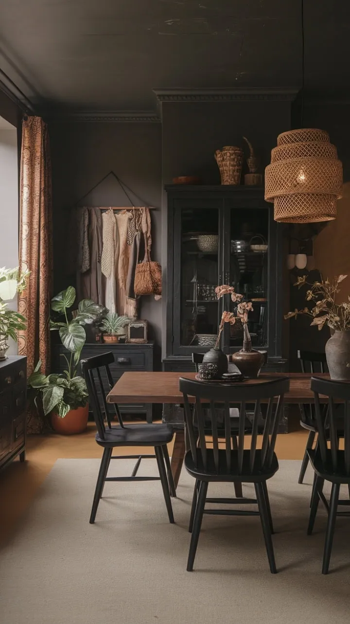 In a serene fusion of Scandinavian minimalism and Japanese tranquility, a dark grey dining room adorned with earthy tones and textures invites intimate gatherings around a large wooden table, where cherished moments unfold under soft lighting.