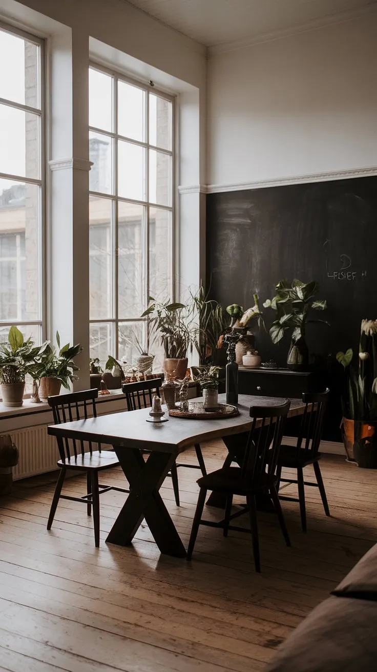 This moody Scandinavian dining room features an earthy palette with a striking black, white, and wood interior, complemented by large windows and potted plants for a modern cottage vibe.