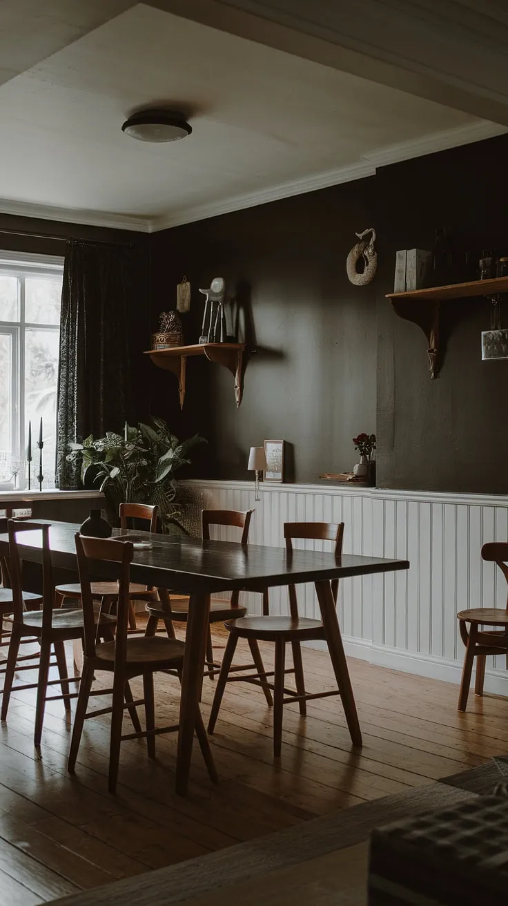 This moody modern cottage dining room features a striking black, white, and wood interior, perfect for showcasing earthy moody dining room organization and inspiring both small and large dining room ideas.