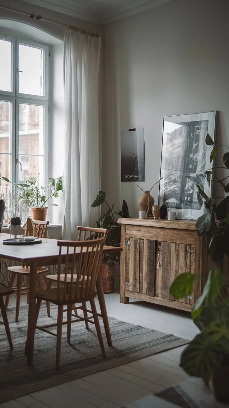 This moody Scandinavian dining room features a large window, rustic wooden furniture, and soft lighting, creating an inviting atmosphere perfect for earthy moody dining room organization.
