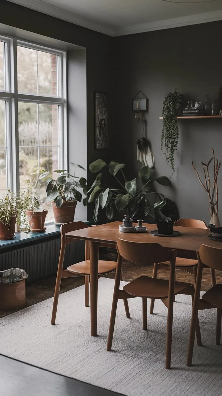 With its moody black, white, and wood interior, this dining room blends Scandinavian and Japanese influences, showcasing a large wooden table and potted plants for an inviting atmosphere.