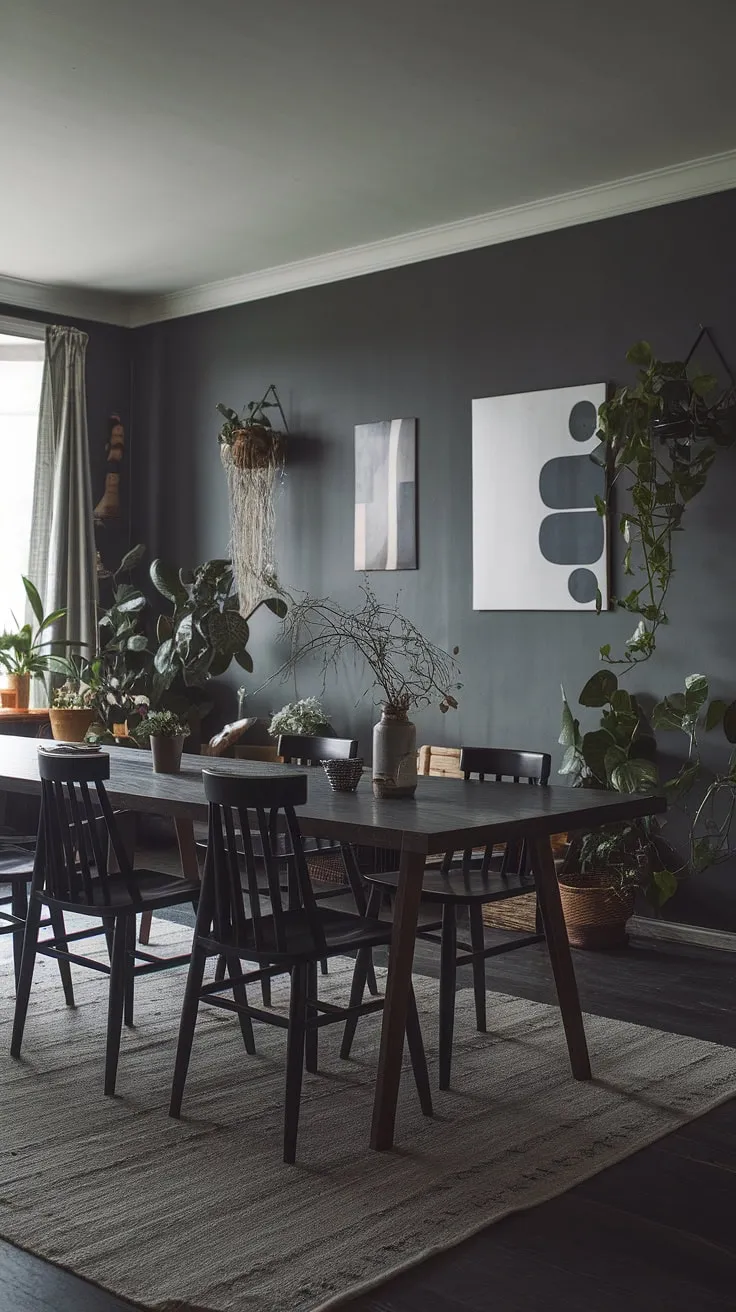 With its dark tones, potted plants, and abstract art, this moody dining room exemplifies modern cottage style while offering inspiration for moody European and Japanese dining room organization.