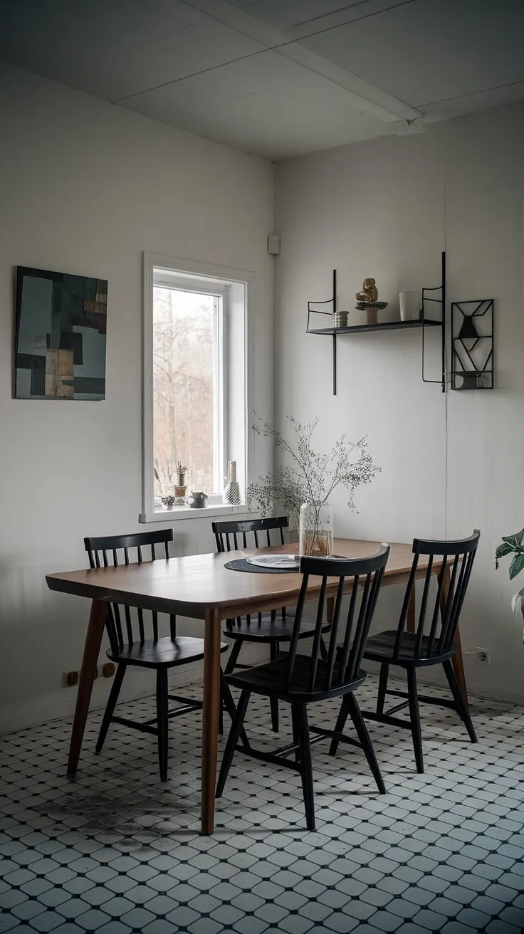 This moody Scandinavian dining room features a wooden table and black chairs against white walls and a striking black and white checkered floor, perfect for inspiring earthy moody dining room organization and modern cottage ideas.