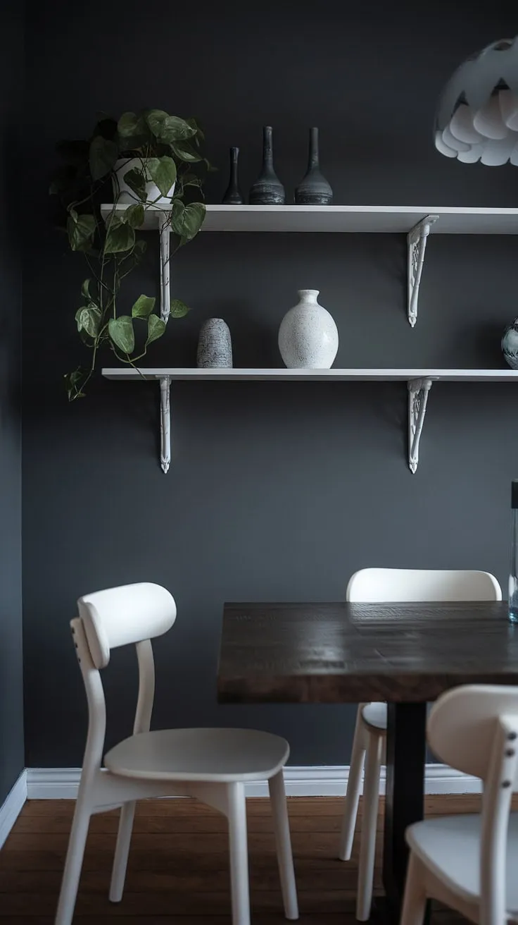 The moody dining room showcases a dark grey wall and white accents, harmonizing wood elements and soft lighting for an inviting atmosphere.
