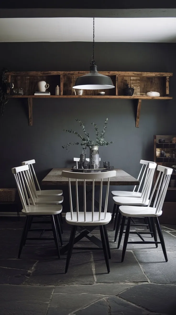 With its dark grey walls, white wooden table, and rustic elements, this moody Scandinavian dining room beautifully showcases ideas for both small and large moody dining rooms.
