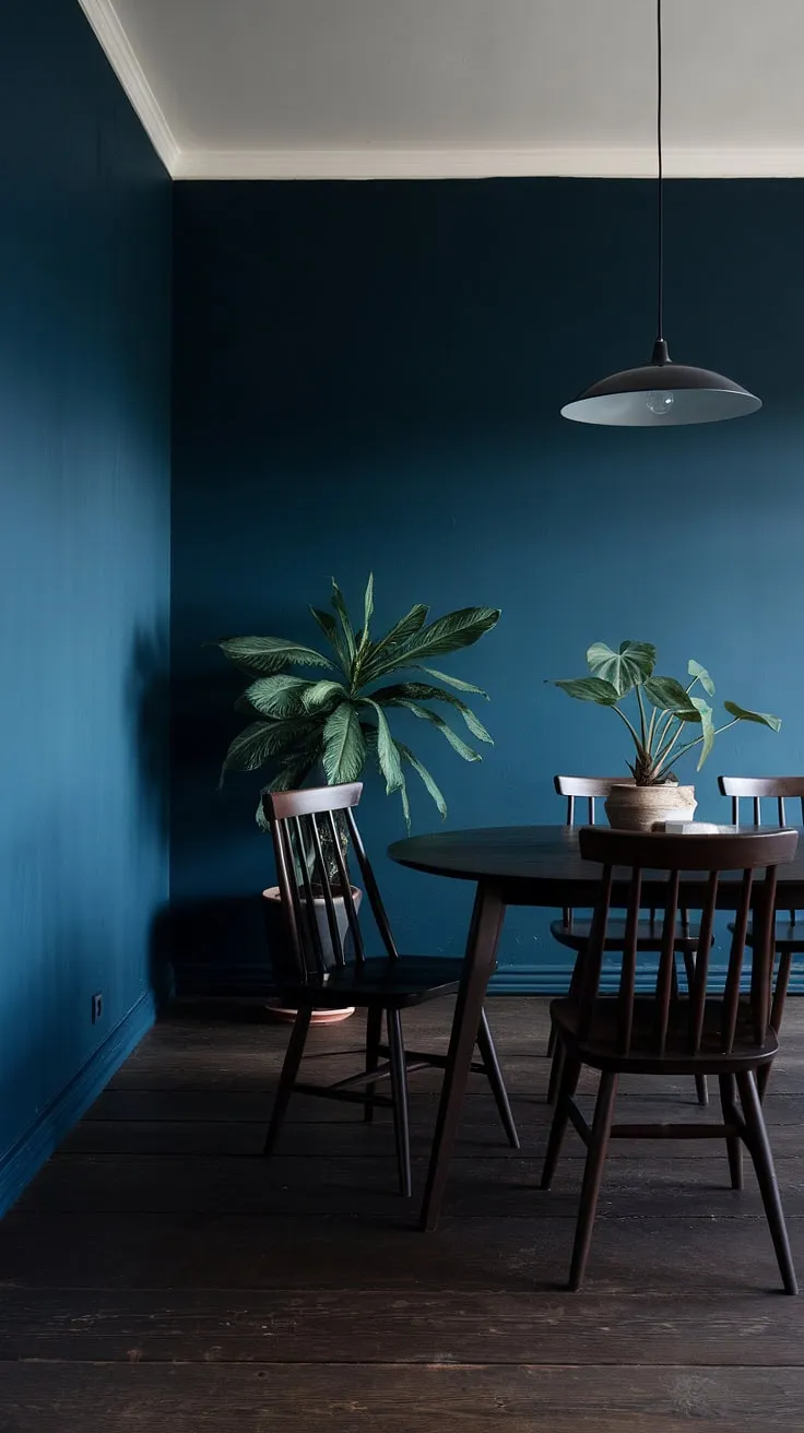 With its dark wood elements and deep blue hues, this moody Scandinavian dining room showcases stylish ideas for both small and large spaces, blending modern cottage aesthetics with European charm.