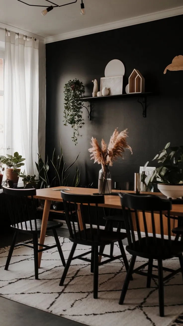 This moody Scandinavian dining room features a striking black, white, and wood interior with a large wooden table, black chairs, and earthy decor, perfect for both small and large dining room ideas.