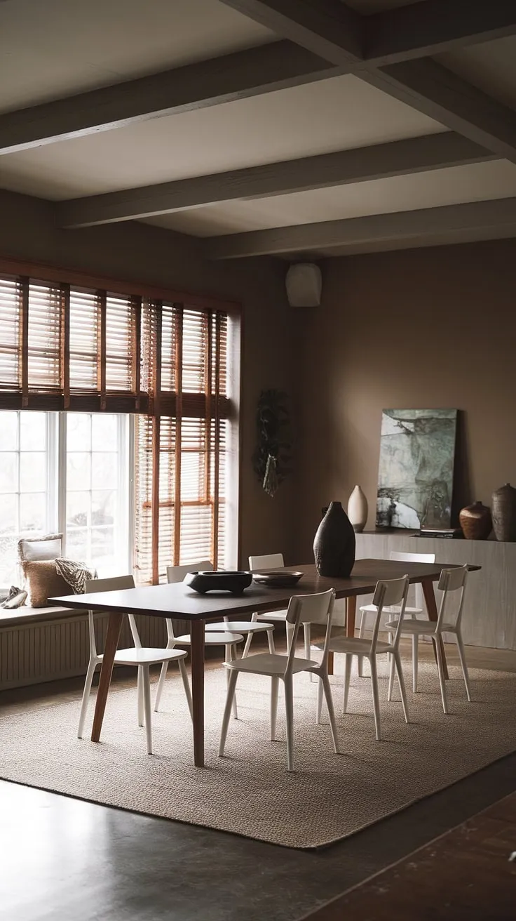 The moody dining room showcases a harmonious blend of Scandinavian design elements with earthy hues, creating an inviting space perfect for both small and large gatherings.