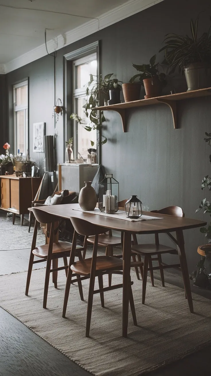 This moody Scandinavian dining room features a dark grey palette, wooden furniture, and earthy accents, creating an inviting space perfect for both small and large gatherings.