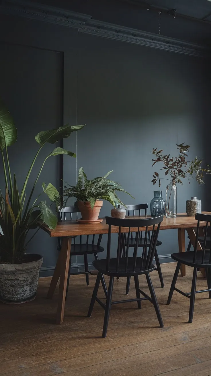 This moody Scandinavian dining room features a long wooden table with black chairs, dark gray walls, and soft lighting, creating an earthy atmosphere perfect for moody dining room organization.