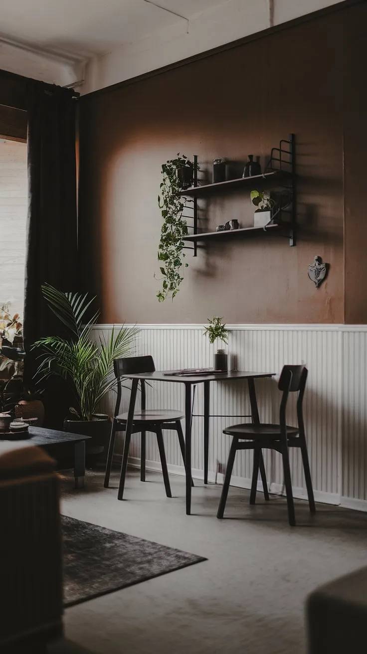 The moody dining room showcases a harmonious blend of Scandinavian design elements with earthy tones, highlighted by a small dining table and soft lighting that create an inviting atmosphere.