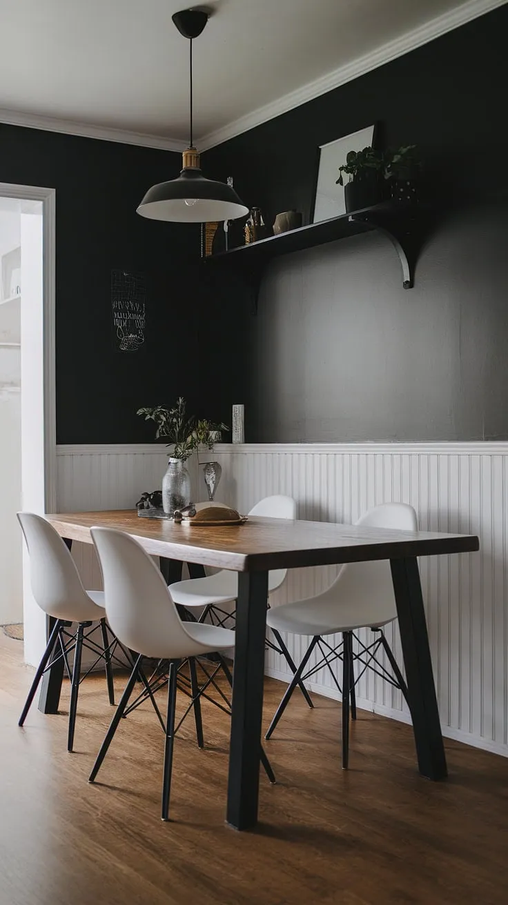 This moody dining room showcases a modern cottage aesthetic with a striking black, white, and wood color scheme, featuring a wooden table and stylish chairs that perfectly complement its earthy vibe.
