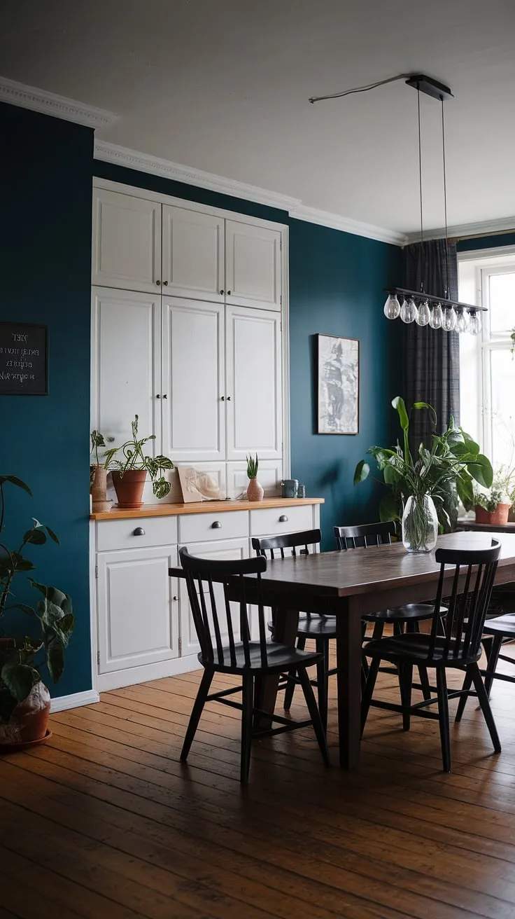 The moody dining room showcases a striking combination of deep blue walls, a wooden table, and black chairs, embodying the essence of Scandinavian design with a touch of earthy elegance.