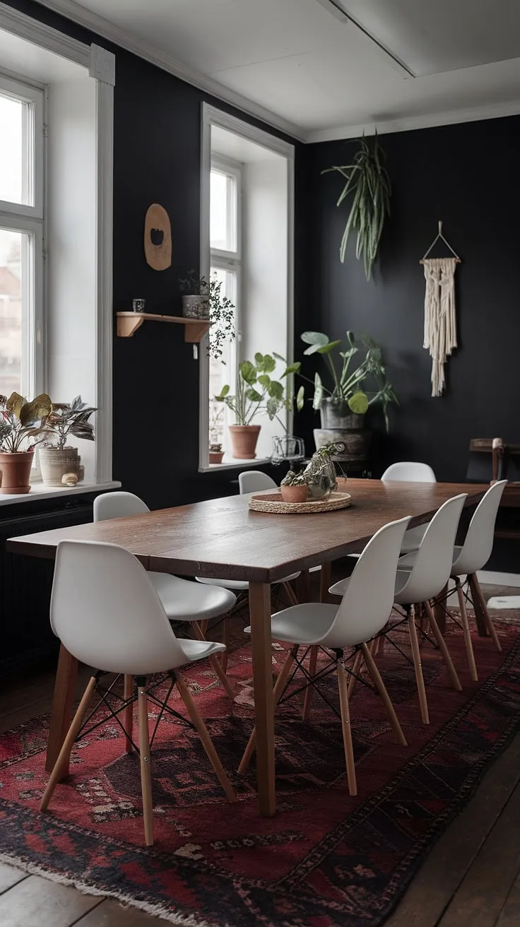 This moody Scandinavian dining room features a long wooden table with white chairs, black walls, and earthy accents, making it a perfect blend of modern cottage charm and moody dining room organization.