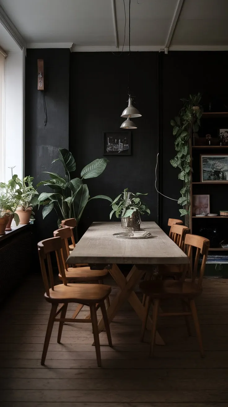 With its blend of moody black, white, and wood interiors, this space showcases inspiring ideas for both small and large moody dining rooms, including modern cottage aesthetics.