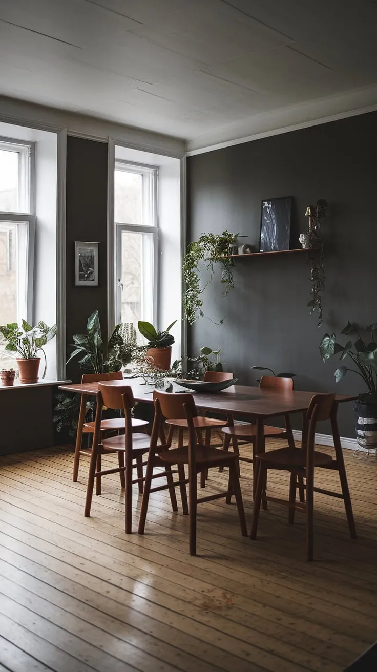 The moody dining room showcases a stylish Scandinavian aesthetic with a large wooden table, dark walls, and thoughtful organization, ideal for both small and large gatherings.