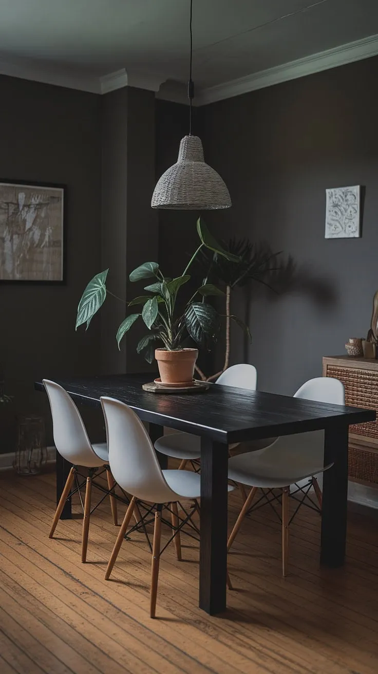 The earthy moody dining room showcases a black wooden table and white chairs against dark grey walls, embodying the essence of moody Scandinavian, Japanese, and European styles with soft lighting and natural elements.