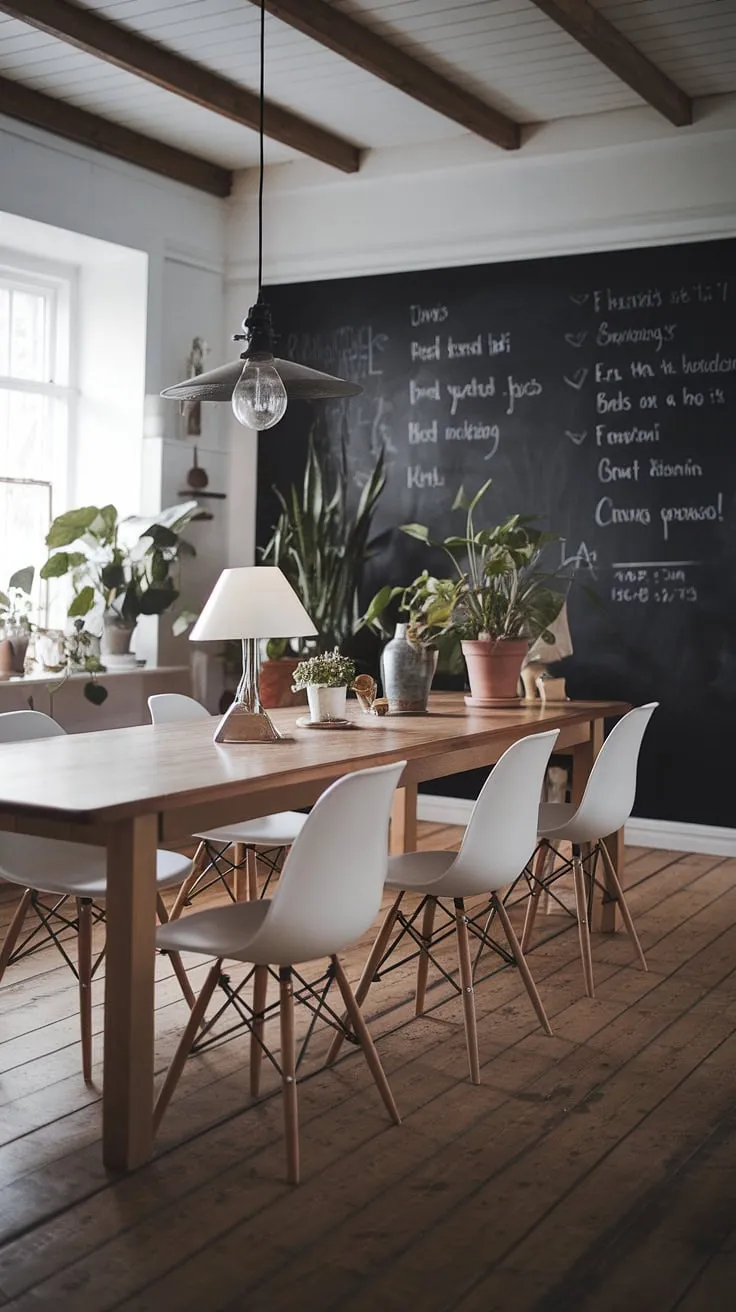 The moody Scandinavian dining room showcases a harmonious blend of earthy tones and textures with its long wooden table, white chairs, and blackboard wall, perfect for modern cottage dining room ideas.