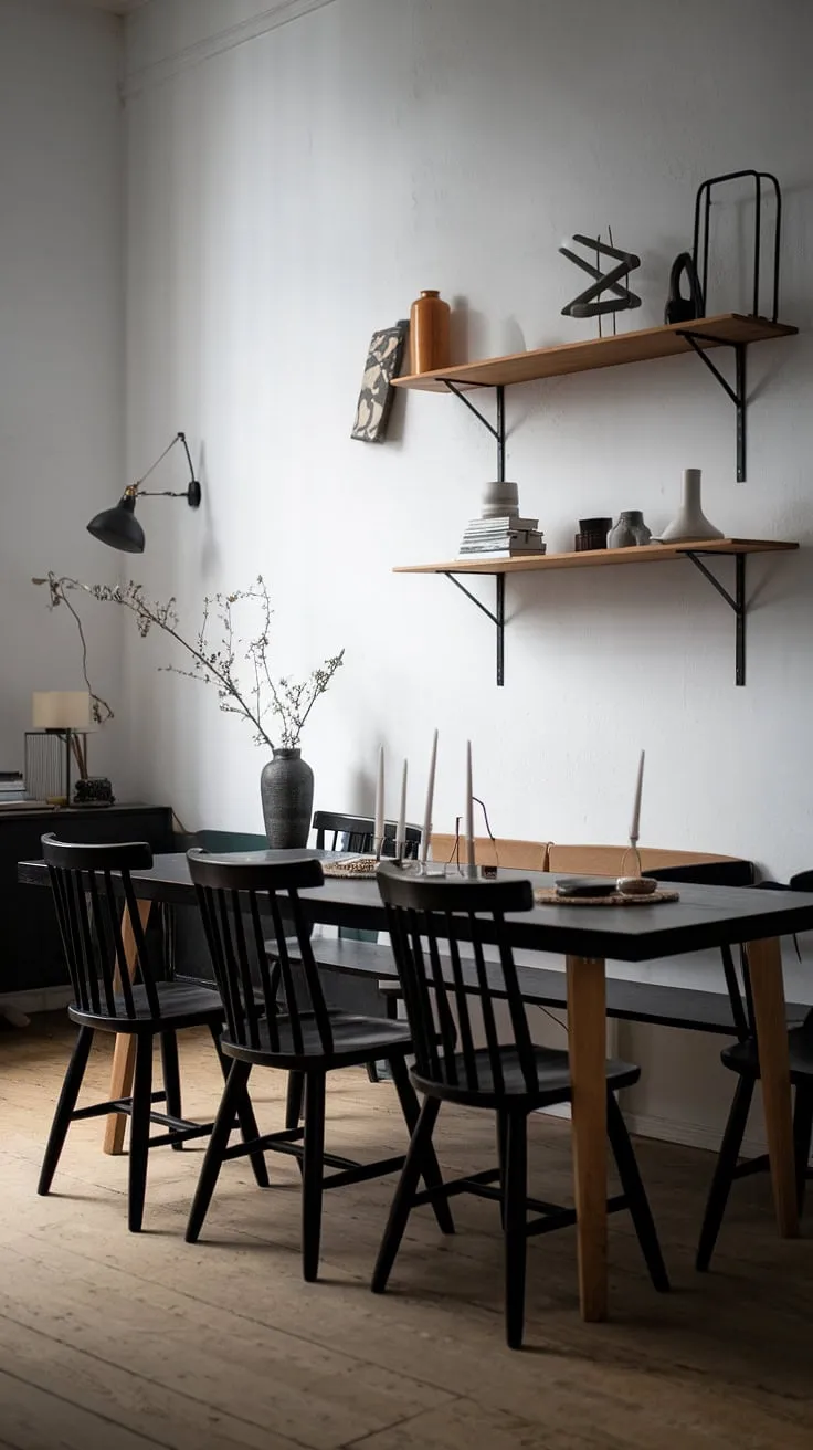 The moody black, white, and wood interior of this Scandinavian dining room, complete with a long wooden table and stylish decor, showcases versatile ideas for both small and large dining spaces.