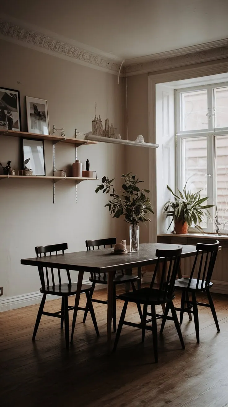 With its blend of moody black, white, and wood interiors, this Scandinavian dining room showcases stylish ideas for creating a cozy atmosphere in any moody modern cottage or European setting.
