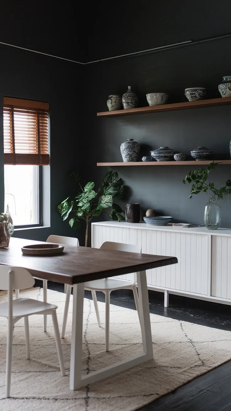 The earthy moody dining room showcases a blend of Scandinavian and modern cottage styles, highlighted by a dark grey wall, white wooden accents, and a large dining table that invites creativity in moody dining room design.
